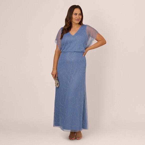 Adrianna Papell Plus Size Beaded Blouson Mermaid Gown With Sheer Dolman Sleeves - Picture 1 of 3